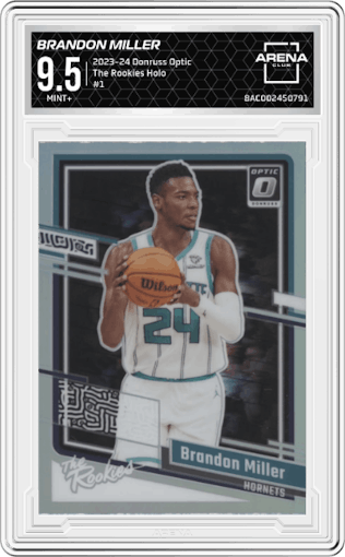 Brandon Miller from the 2023-24 Donruss Optic set featuring a Holo parallel graded by Arena Club and given an overall grade of 9.5.