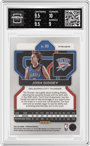 Josh Giddey from the 2021-22 Panini Prizm  set featuring a Green Prizm parallel graded by Arena Club and given an overall grade of 9.5.