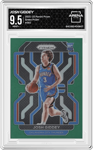 Josh Giddey from the 2021-22 Panini Prizm  set featuring a Green Prizm parallel graded by Arena Club and given an overall grade of 9.5.