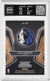 Luka Doncic from the 2024-25 Panini Totally Certified set featuring a Red Mirror parallel graded by Arena Club and given an overall grade of 9.5.
