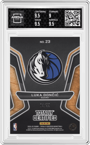 Luka Doncic from the 2024-25 Panini Totally Certified set featuring a Red Mirror parallel graded by Arena Club and given an overall grade of 9.5.