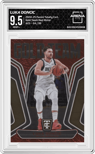 Luka Doncic from the 2024-25 Panini Totally Certified set featuring a Red Mirror parallel graded by Arena Club and given an overall grade of 9.5.