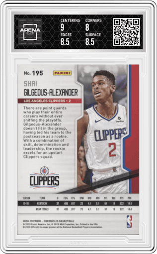 Shai Gilgeous-Alexander from the 2018-19 Panini Chronicles set graded by Arena Club and given an overall grade of 8.5.