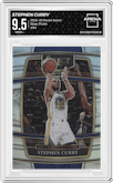 Stephen Curry from the 2021-22 Panini Select set featuring a Silver Prizm parallel graded by Arena Club and given an overall grade of 9.5.
