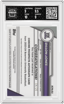 Dillon Jones from the 2023-24 Bowman U Chrome set featuring a Orange Shimmer Refractor parallel graded by Arena Club and given an overall grade of 9.5.