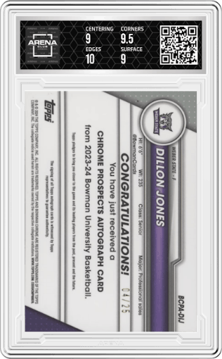 Dillon Jones from the 2023-24 Bowman U Chrome set featuring a Orange Shimmer Refractor parallel graded by Arena Club and given an overall grade of 9.5.