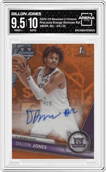 Dillon Jones from the 2023-24 Bowman U Chrome set featuring a Orange Shimmer Refractor parallel graded by Arena Club and given an overall grade of 9.5.