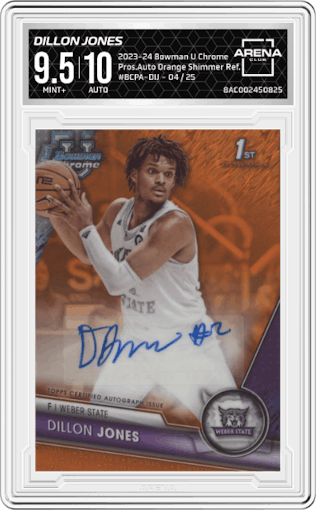 Dillon Jones from the 2023-24 Bowman U Chrome set featuring a Orange Shimmer Refractor parallel graded by Arena Club and given an overall grade of 9.5.