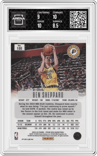 Ben Sheppard from the 2023-24 Panini Prizm Deca set featuring a Red Prizm parallel graded by Arena Club and given an overall grade of 9.