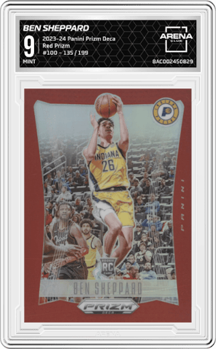 Ben Sheppard from the 2023-24 Panini Prizm Deca set featuring a Red Prizm parallel graded by Arena Club and given an overall grade of 9.