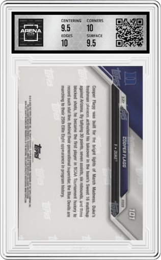 Cooper Flagg from the 2024 Bowman U Now March Madness set graded by Arena Club and given an overall grade of 10.