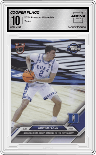 Cooper Flagg from the 2024 Bowman U Now March Madness set graded by Arena Club and given an overall grade of 10.