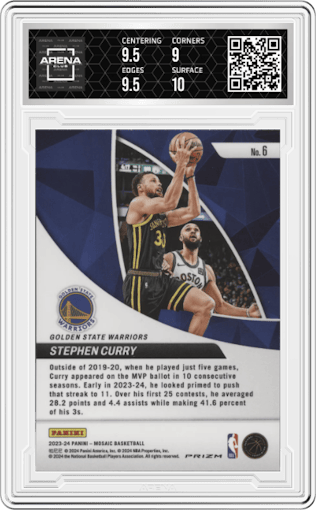 Stephen Curry from the 2023-24 Panini Mosaic set featuring a Green Mosaic parallel graded by Arena Club and given an overall grade of 9.5.