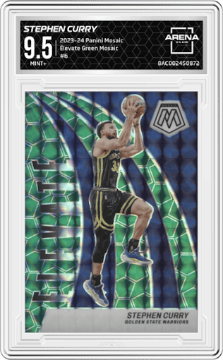 Stephen Curry from the 2023-24 Panini Mosaic set featuring a Green Mosaic parallel graded by Arena Club and given an overall grade of 9.5.