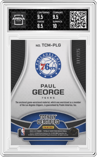 Paul George from the 2024-25 Panini Totally Certified set graded by Arena Club and given an overall grade of 9.