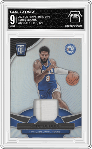 Paul George from the 2024-25 Panini Totally Certified set graded by Arena Club and given an overall grade of 9.