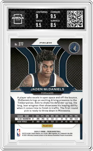 Jaden McDaniels from the 2020-21 Panini Prizm set featuring a Green Ice parallel graded by Arena Club and given an overall grade of 9.