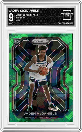 Jaden McDaniels from the 2020-21 Panini Prizm set featuring a Green Ice parallel graded by Arena Club and given an overall grade of 9.