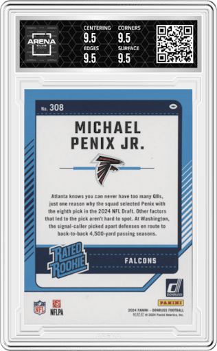 Michael Penix Jr. from the 2024 Donruss set graded by Arena Club and given an overall grade of 9.5.