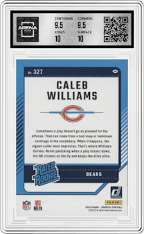 Caleb Williams from the 2024 Donruss set graded by Arena Club and given an overall grade of 10.
