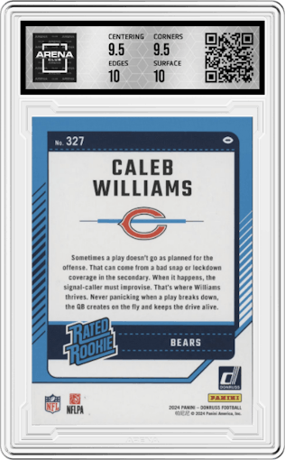 Caleb Williams from the 2024 Donruss set graded by Arena Club and given an overall grade of 10.