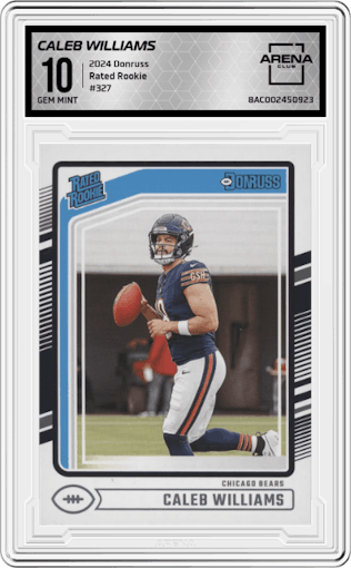 Caleb Williams from the 2024 Donruss set graded by Arena Club and given an overall grade of 10.