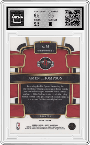 Amen Thompson from the 2023-24 Panini Select  set featuring a Blue Cracked Ice parallel graded by Arena Club and given an overall grade of 10.