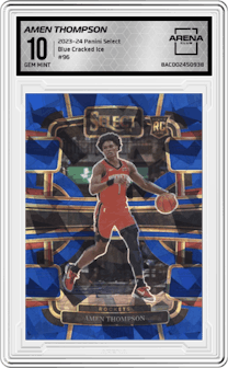 Amen Thompson from the 2023-24 Panini Select  set featuring a Blue Cracked Ice parallel graded by Arena Club and given an overall grade of 10.