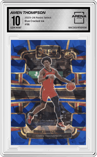 Amen Thompson from the 2023-24 Panini Select  set featuring a Blue Cracked Ice parallel graded by Arena Club and given an overall grade of 10.