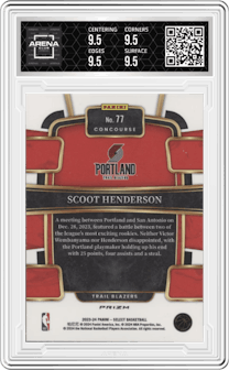 Scoot Henderson from the 2023-24 Panini Select  set featuring a Blue Cracked Ice parallel graded by Arena Club and given an overall grade of 9.5.