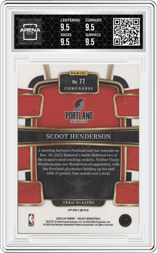 Scoot Henderson from the 2023-24 Panini Select  set featuring a Blue Cracked Ice parallel graded by Arena Club and given an overall grade of 9.5.