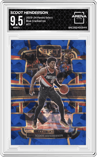 Scoot Henderson from the 2023-24 Panini Select  set featuring a Blue Cracked Ice parallel graded by Arena Club and given an overall grade of 9.5.