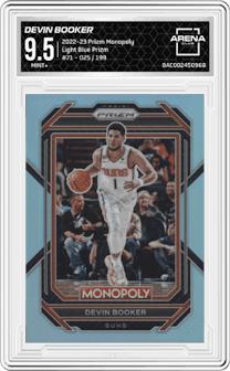Devin Booker from the 2022-23 Panini Prizm Monopoly set featuring a Light Blue Prizm parallel graded by Arena Club and given an overall grade of 9.5.