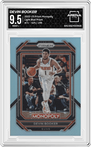 Devin Booker from the 2022-23 Panini Prizm Monopoly set featuring a Light Blue Prizm parallel graded by Arena Club and given an overall grade of 9.5.