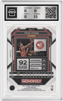 Trae Young from the 2022-23 Panini Prizm Monopoly set featuring a Gold Money Shimmer parallel graded by Arena Club and given an overall grade of 10.