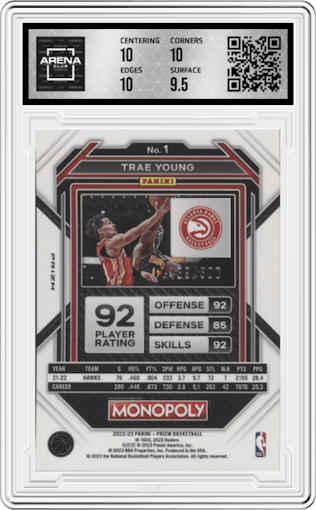 Trae Young from the 2022-23 Panini Prizm Monopoly set featuring a Gold Money Shimmer parallel graded by Arena Club and given an overall grade of 10.