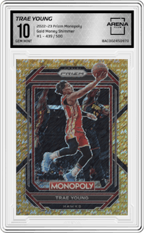 Trae Young from the 2022-23 Panini Prizm Monopoly set featuring a Gold Money Shimmer parallel graded by Arena Club and given an overall grade of 10.