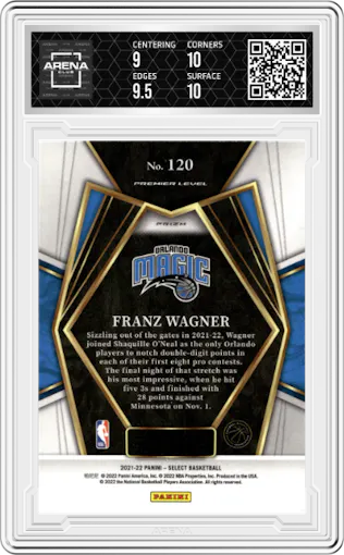 Franz Wagner from the 2021-22 Panini Select set featuring a Red Wave parallel graded by Arena Club and given an overall grade of 9.5.