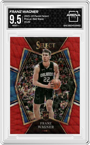 Franz Wagner from the 2021-22 Panini Select set featuring a Red Wave parallel graded by Arena Club and given an overall grade of 9.5.