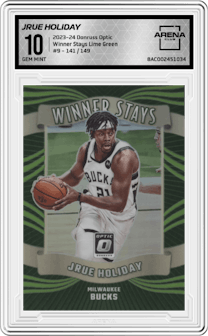 Jrue Holiday from the 2023-24 Donruss Optic set featuring a Lime Green parallel graded by Arena Club and given an overall grade of 10.