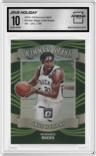 Jrue Holiday from the 2023-24 Donruss Optic set featuring a Lime Green parallel graded by Arena Club and given an overall grade of 10.