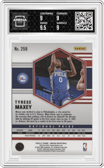 Tyrese Maxey from the 2020-21 Panini Mosaic set featuring a Silver parallel graded by Arena Club and given an overall grade of 9.