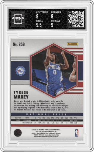 Tyrese Maxey from the 2020-21 Panini Mosaic set featuring a Silver parallel graded by Arena Club and given an overall grade of 9.