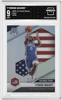 Tyrese Maxey from the 2020-21 Panini Mosaic set featuring a Silver parallel graded by Arena Club and given an overall grade of 9.