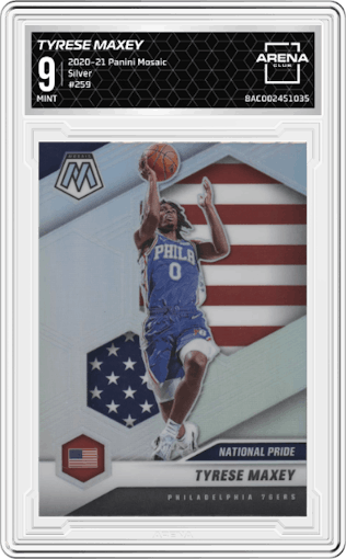 Tyrese Maxey from the 2020-21 Panini Mosaic set featuring a Silver parallel graded by Arena Club and given an overall grade of 9.