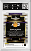 LeBron James from the 2021-22 Panini Select set featuring a Silver Prizm parallel graded by Arena Club and given an overall grade of 9.5.