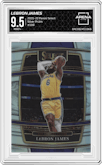 LeBron James from the 2021-22 Panini Select set featuring a Silver Prizm parallel graded by Arena Club and given an overall grade of 9.5.