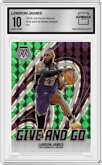LeBron James from the 2023-24 Panini Mosaic set featuring a Green Mosaic parallel graded by Arena Club and given an overall grade of 10.