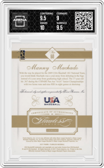 Manny Machado from the 2017 Panini Flawless set featuring a Emerald parallel and given an overall grade of 9.5.