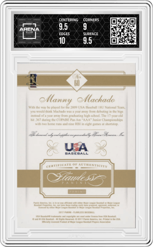 Manny Machado from the 2017 Panini Flawless set featuring a Emerald parallel graded by Arena Club and given an overall grade of 9.5.